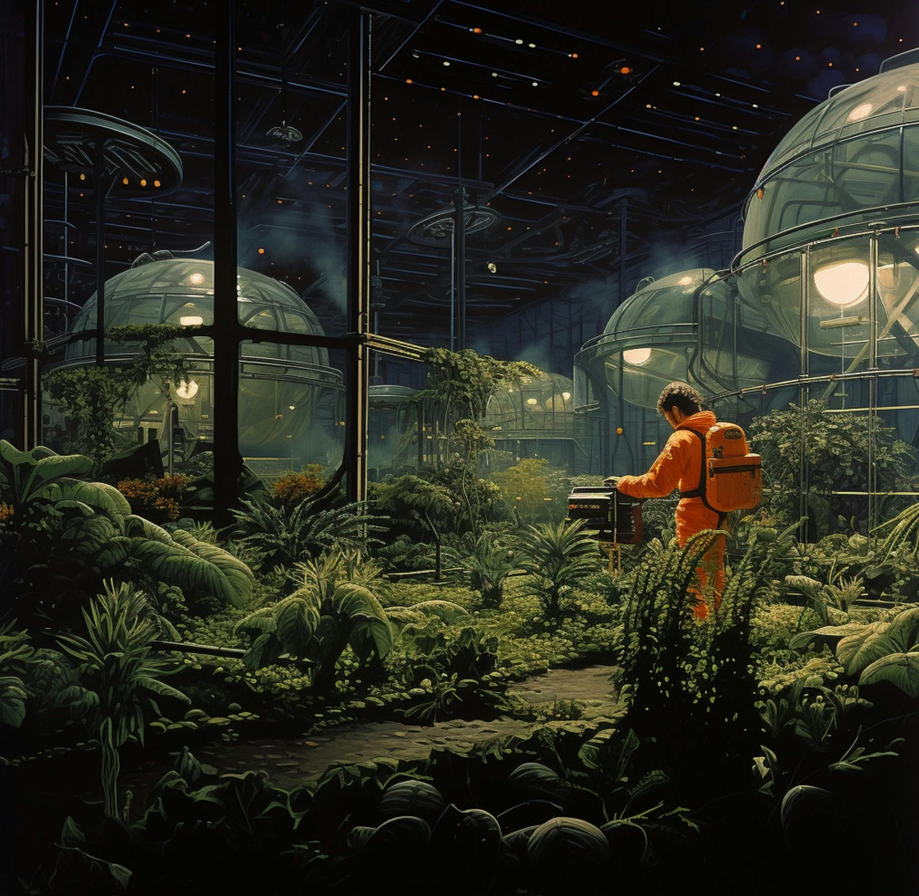 Astronaut attending to a spaceship greenhouse