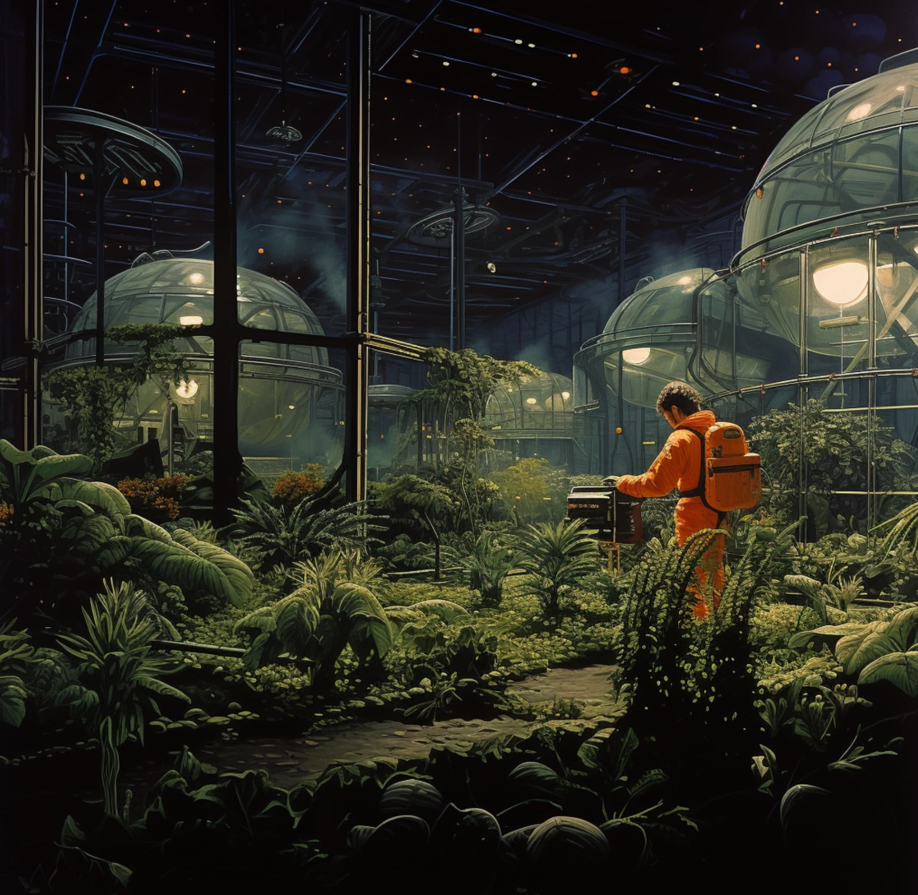 Astronaut attending to a spaceship greenhouse